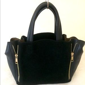 Faux Suede & Leather Tote Bag w/Expandable Sides